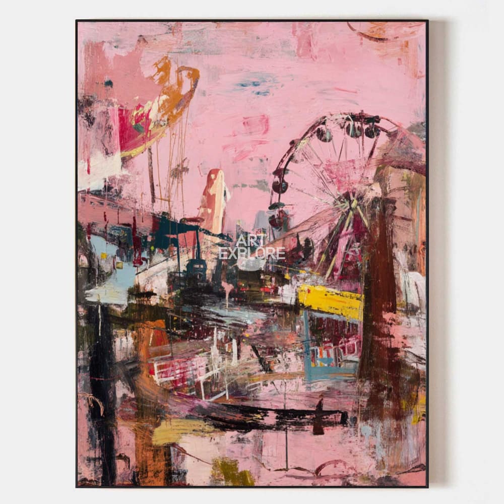 Original hand painted bold abstract pink oil painting canvas wall art, vintage fairground ferris wheel, elegant luxury modern home deco