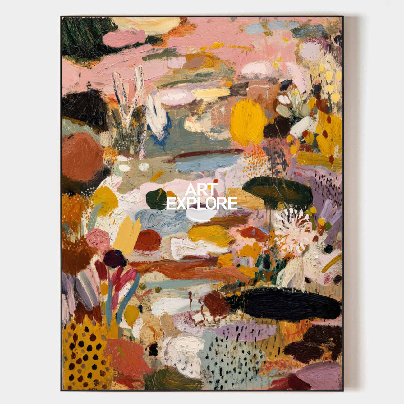 Original hand painted blush pink mustard abstract botanical oil painting canvas wall art, modern scandinavian elegant luxury living roo