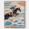 Original hand painted navy black horse rider coastal waves oil painting canvas wall art, elegant modern luxury nordic scandinavian home