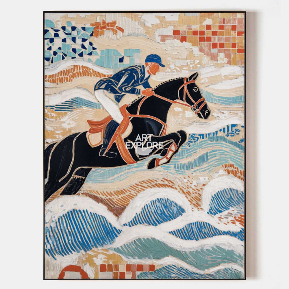 Original hand painted navy black horse rider coastal waves oil painting canvas wall art, elegant modern luxury nordic scandinavian home