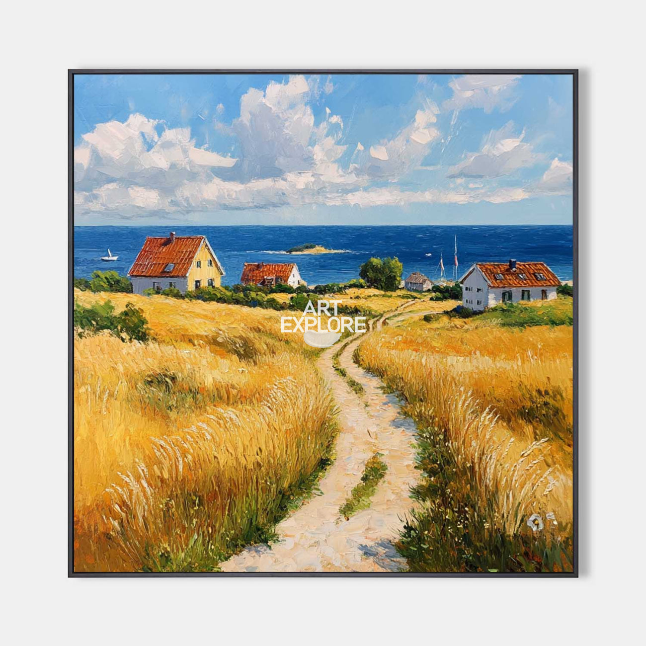 Original hand painted golden coastal landscape oil painting canvas, nordic scandinavian elegant luxury modern living room wall art home