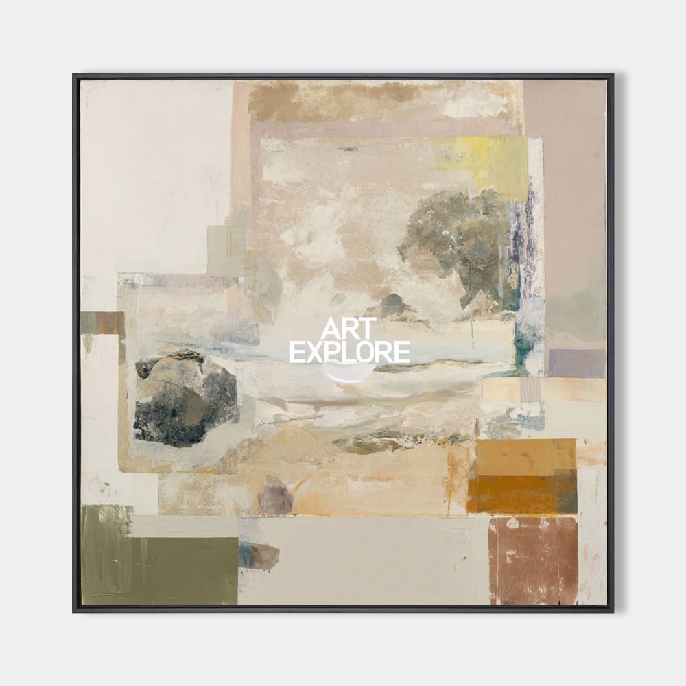 Original hand painted linen taupe abstract coastal landscape oil painting canvas wall art, nordic scandinavian minimalist elegant luxur