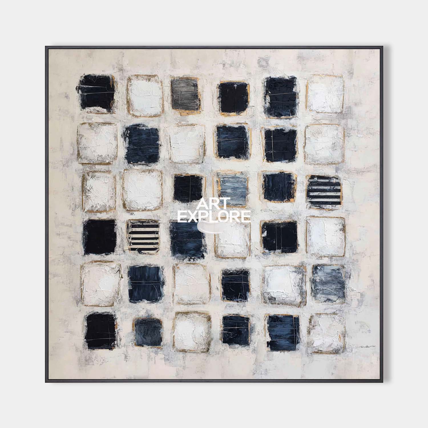 Hand painted original black ivory geometric grid oil painting canvas wall art, nordic scandinavian minimalist elegant luxury modern liv