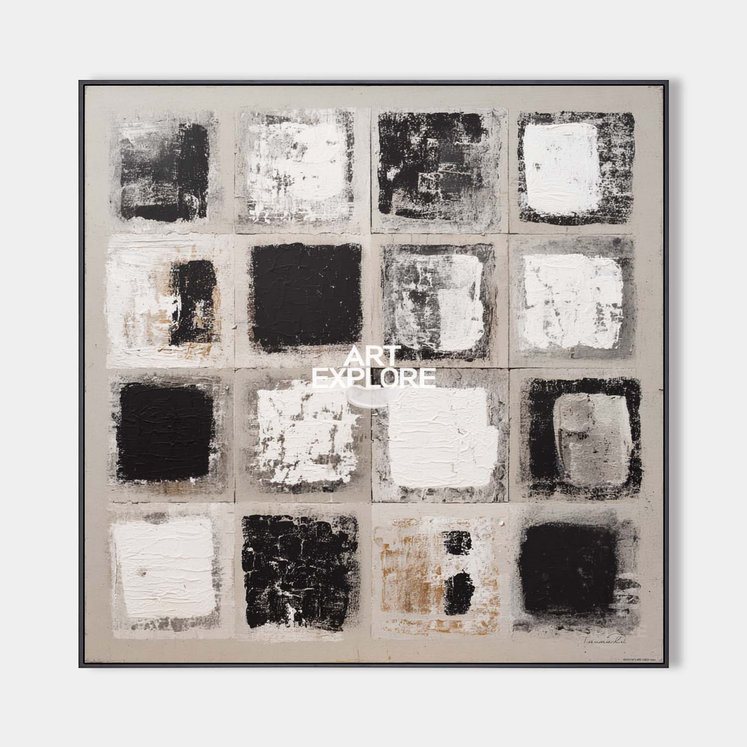 Original hand painted geometric abstract oil painting, 16 textured black white grey squares canvas wall art, nordic scandinavian minima