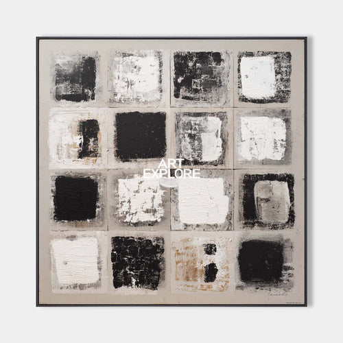 Original hand painted geometric abstract oil painting, 16 textured black white grey squares canvas wall art, nordic scandinavian minima