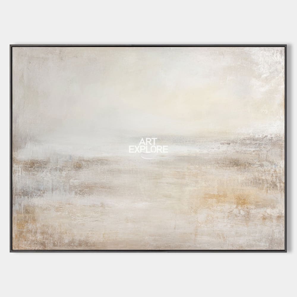 Original hand painted ivory beige misty abstract landscape oil painting canvas wall art, nordic scandinavian elegant minimalist luxury