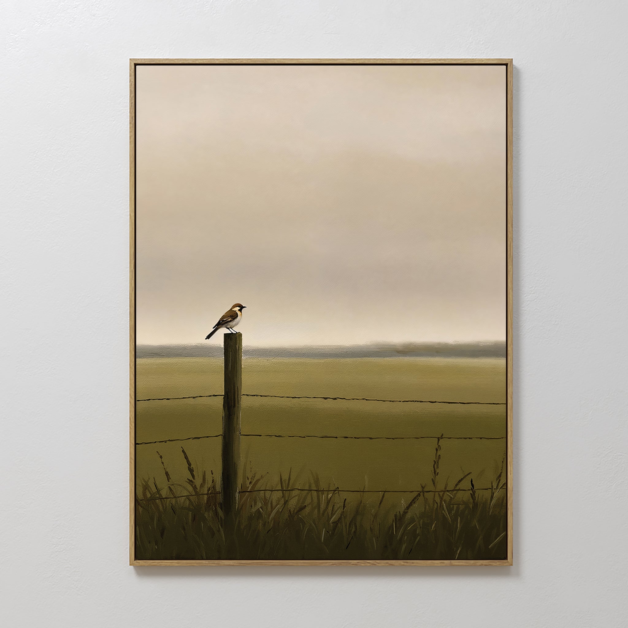 Original hand painted olive green brown bird fence post oil painting canvas wall art, nordic scandinavian minimalist elegant luxury modern living room