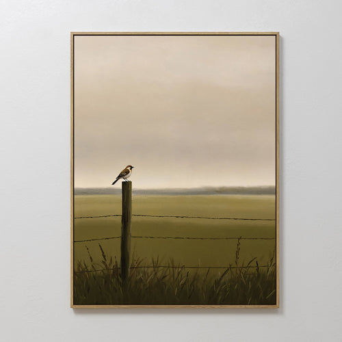 Original hand painted olive green brown bird fence post oil painting canvas wall art, nordic scandinavian minimalist elegant luxury modern living room
