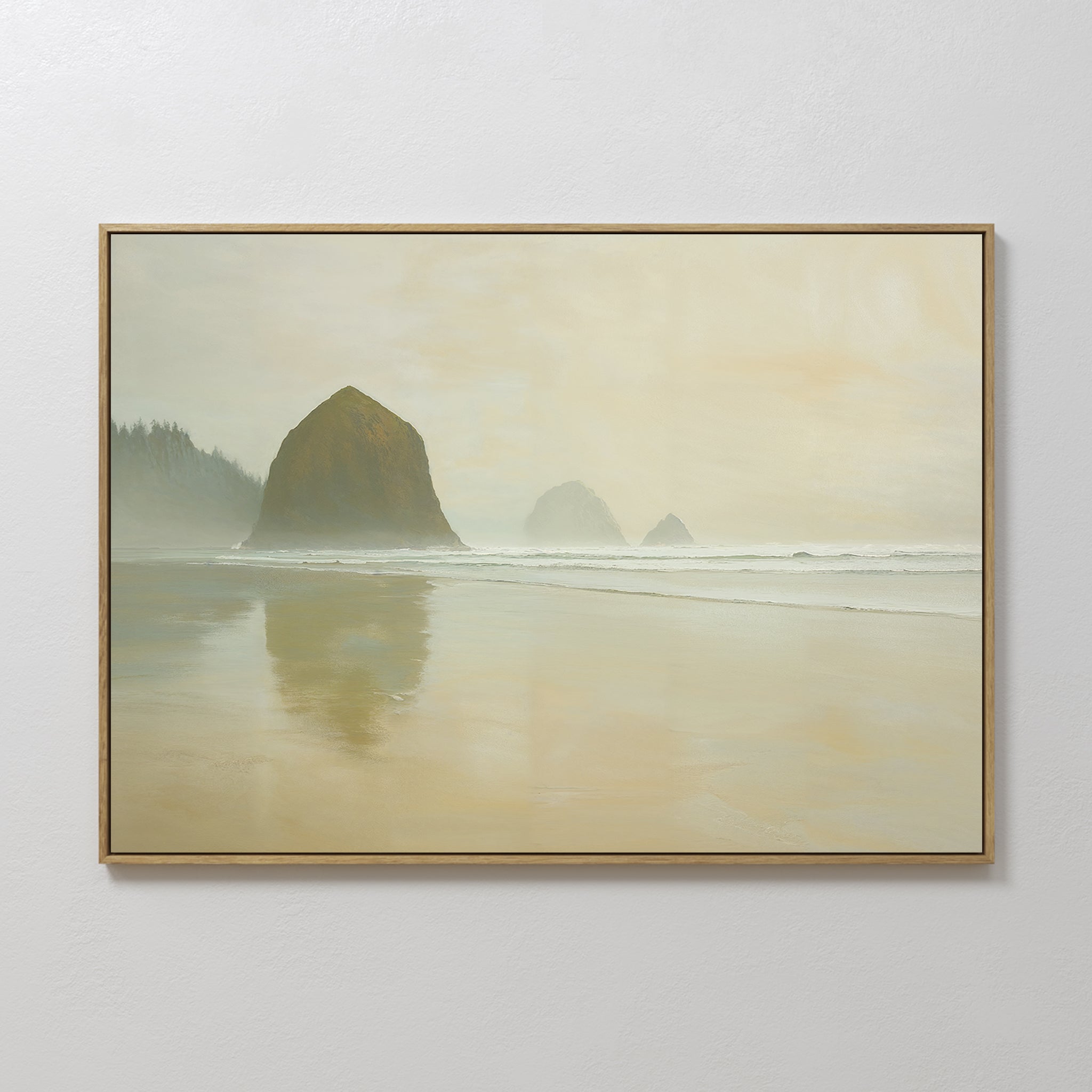 Original hand painted golden misty coastal sea stack oil painting canvas wall art, nordic scandinavian elegant luxury minimalist modern living room ho