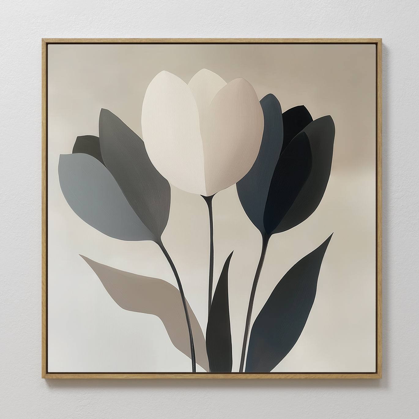 Hand painted original ivory charcoal tulip oil painting canvas wall art, nordic scandinavian elegant luxury minimalist modern botanical home decor int