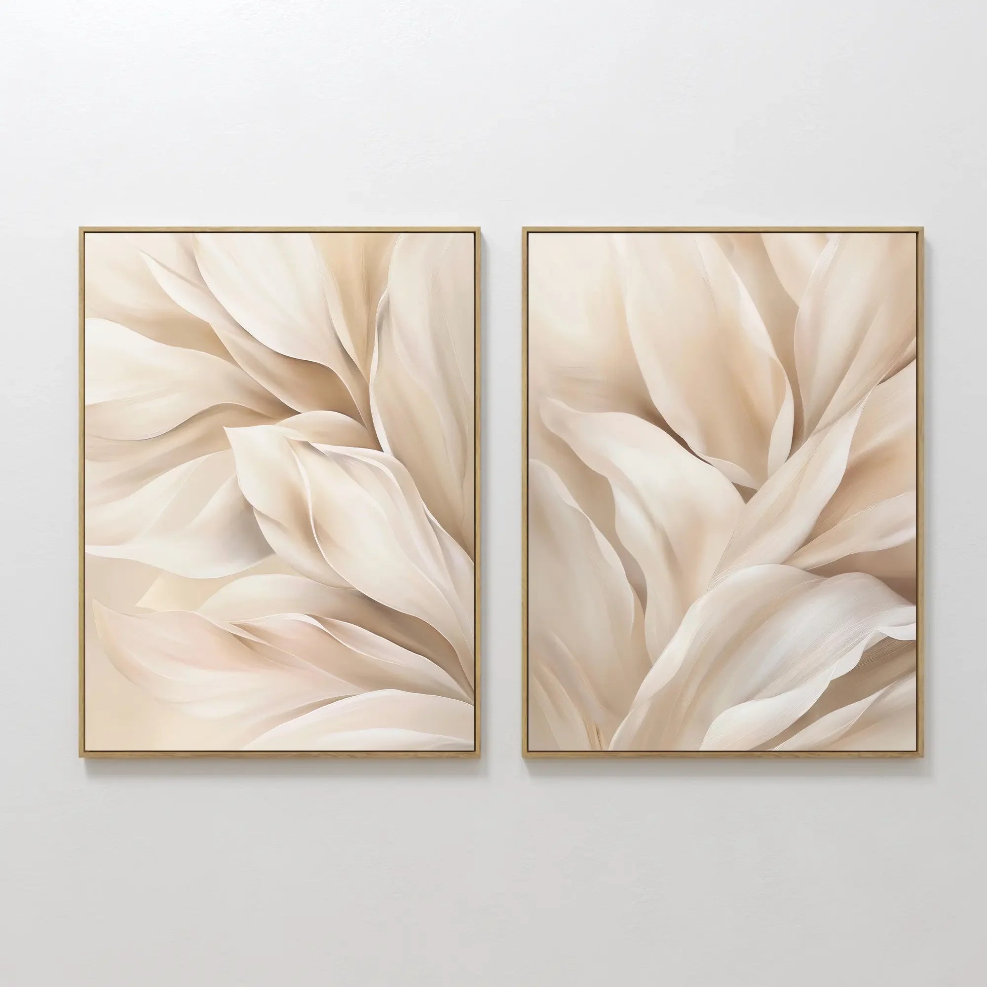 Original hand painted cream ivory beige abstract botanical oil painting canvas set of 2 wall art, nordic scandinavian elegant luxury modern home decor
