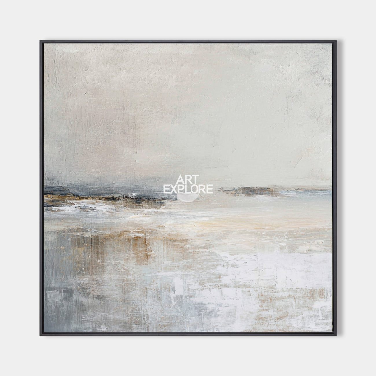 Original hand painted misty coastal abstract oil painting canvas wall art, grey ivory sand nordic scandinavian minimalist elegant luxur