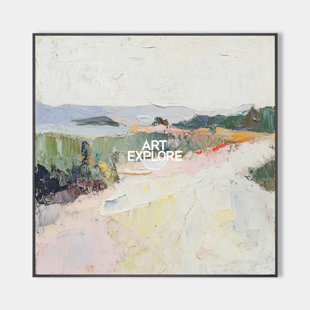 Original hand painted blush pink sage green coastal landscape oil painting canvas wall art, nordic scandinavian elegant luxury modern h