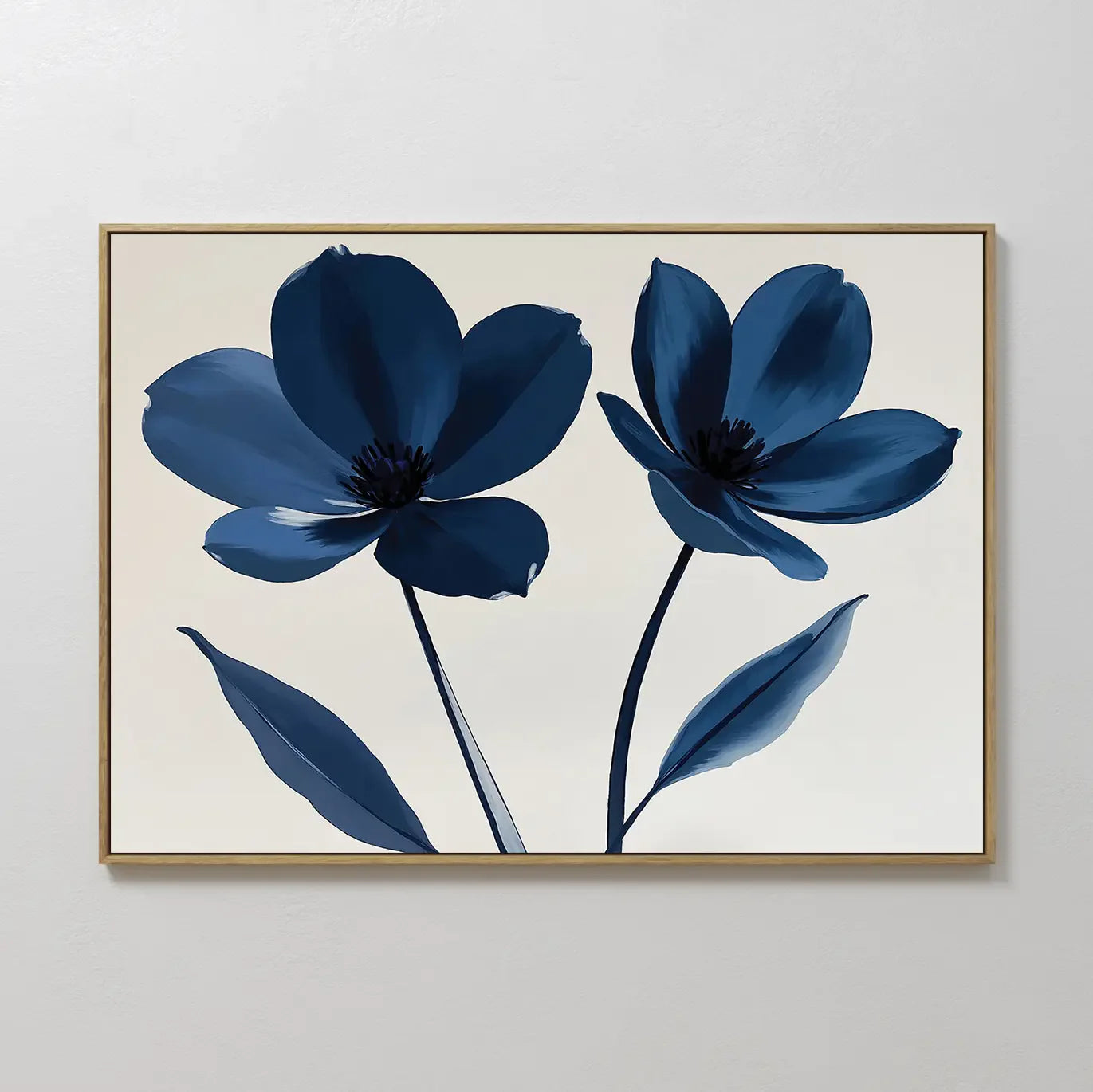 Original hand painted navy blue indigo floral botanical oil painting canvas wall art, nordic scandinavian elegant luxury minimalist modern living room