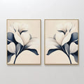 Original hand painted navy blue ivory white botanical floral oil painting canvas wall art set of 2, nordic scandinavian elegant luxury minimalist mode
