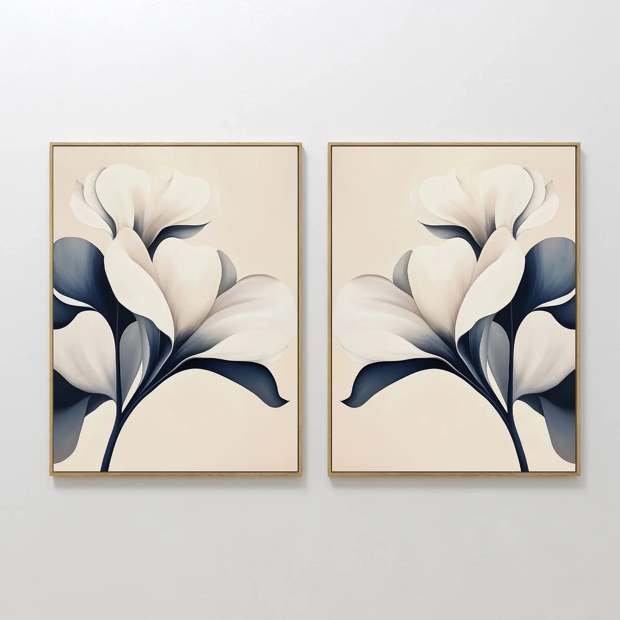 Original hand painted navy blue ivory white botanical floral oil painting canvas wall art set of 2, nordic scandinavian elegant luxury minimalist mode