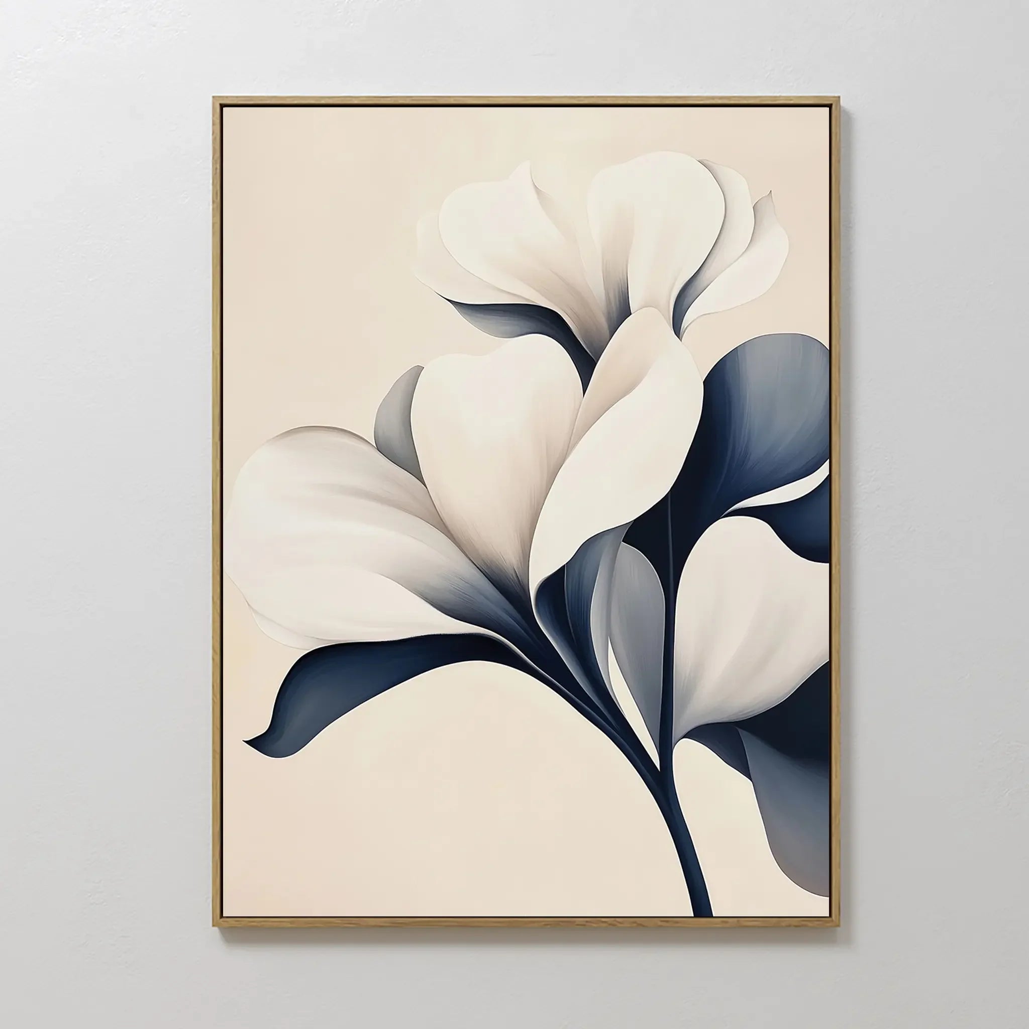 Original hand painted navy blue ivory botanical oil painting canvas wall art, nordic scandinavian elegant luxury minimalist modern living room home de