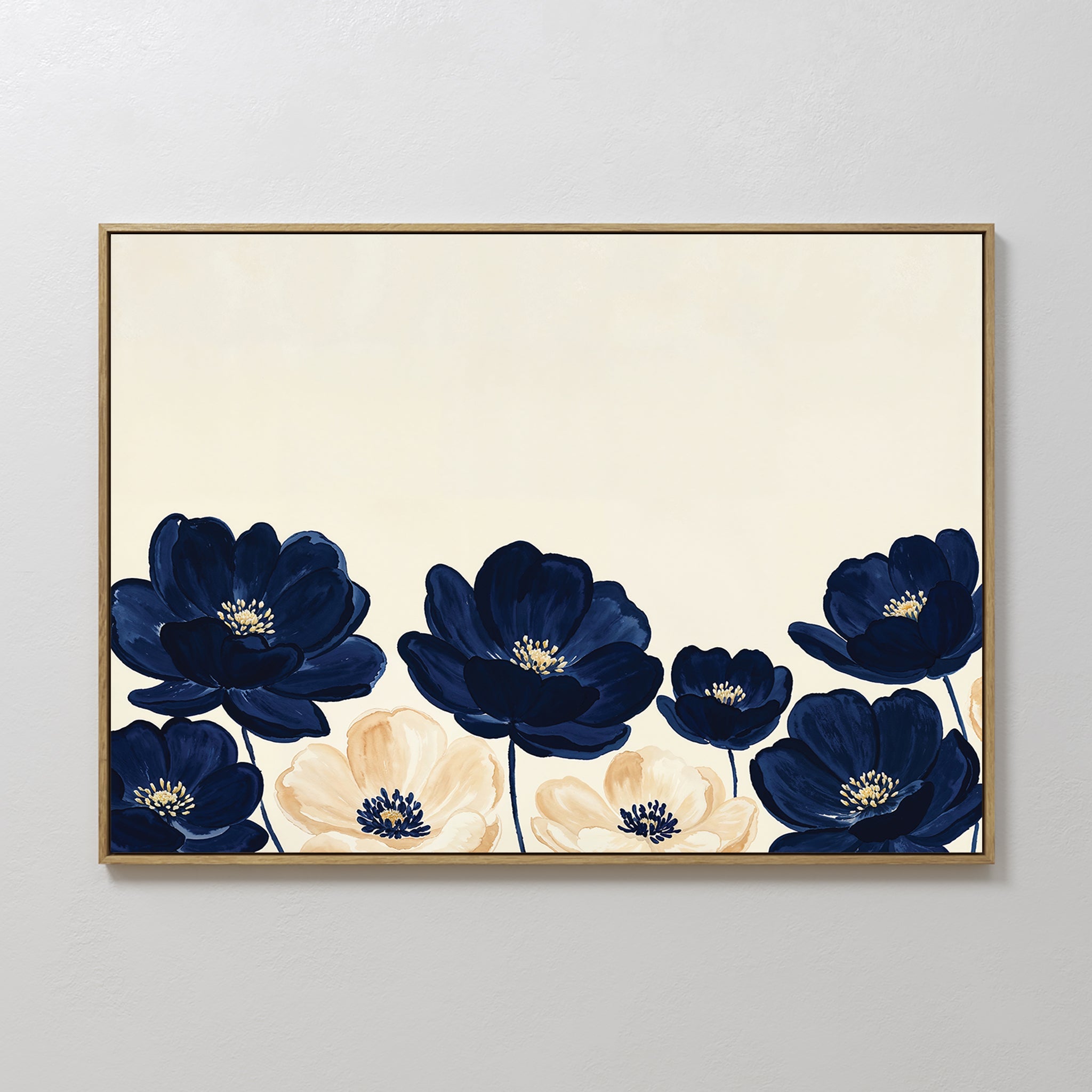 Original hand painted navy blue cream floral botanical oil painting canvas wall art, nordic scandinavian elegant luxury minimalist modern living room
