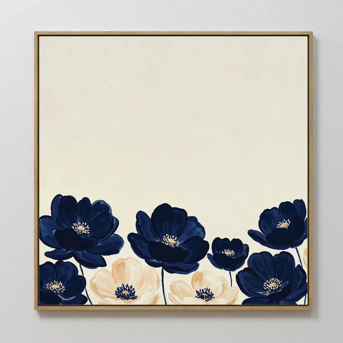 Hand painted original navy blue cream botanical floral oil painting canvas wall art, nordic scandinavian elegant luxury minimalist modern home decor i