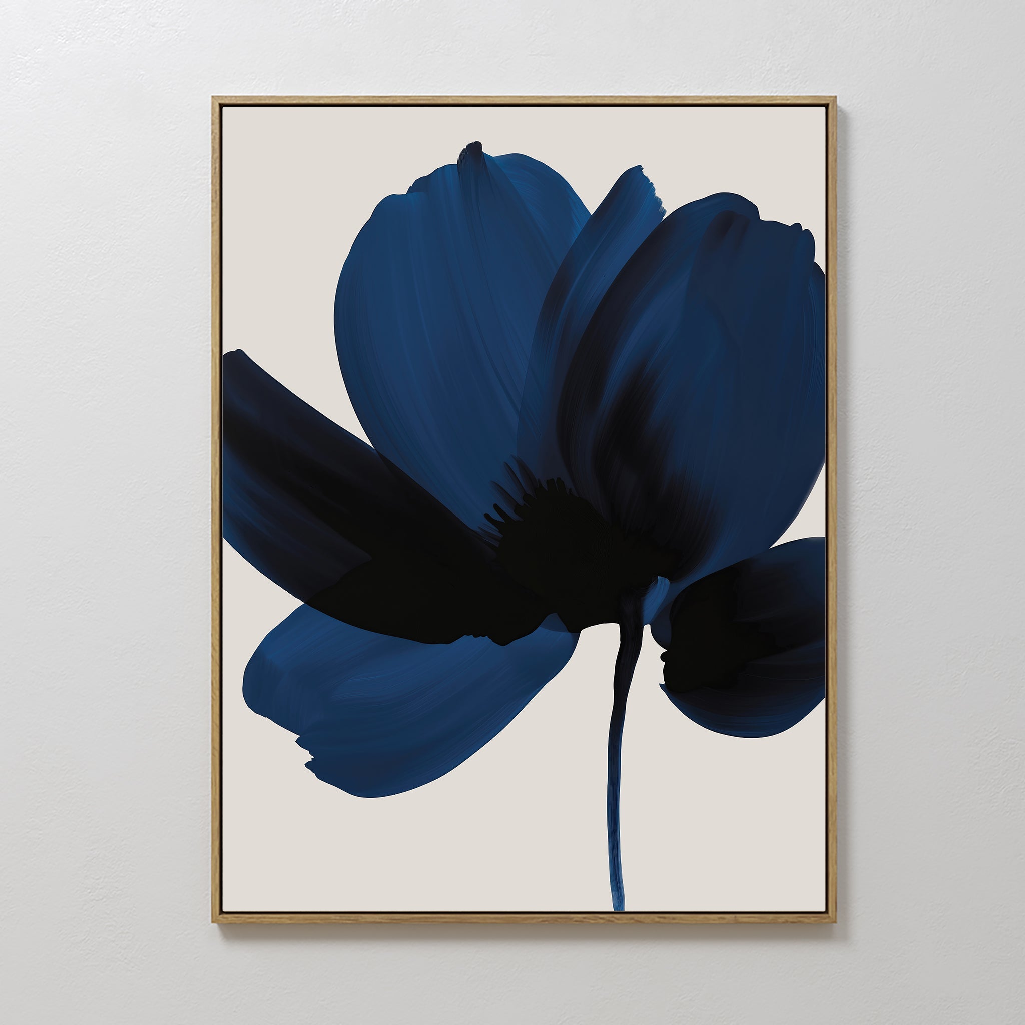 Original hand painted navy blue poppy floral oil painting canvas wall art, nordic scandinavian elegant luxury minimalist modern living room home decor