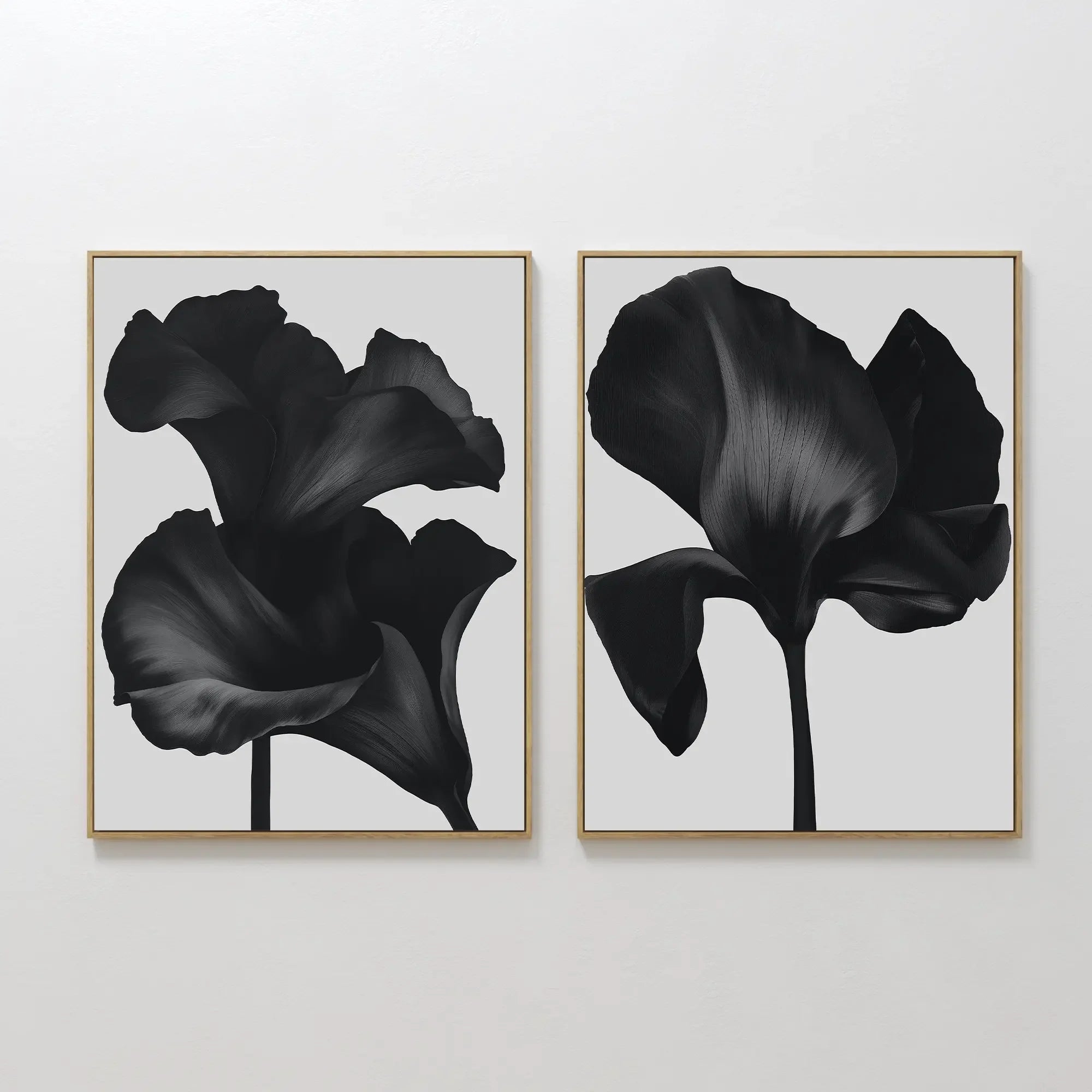 Original hand painted black botanical floral silhouette oil painting canvas wall art set of 2, nordic scandinavian elegant luxury minimalist modern ho