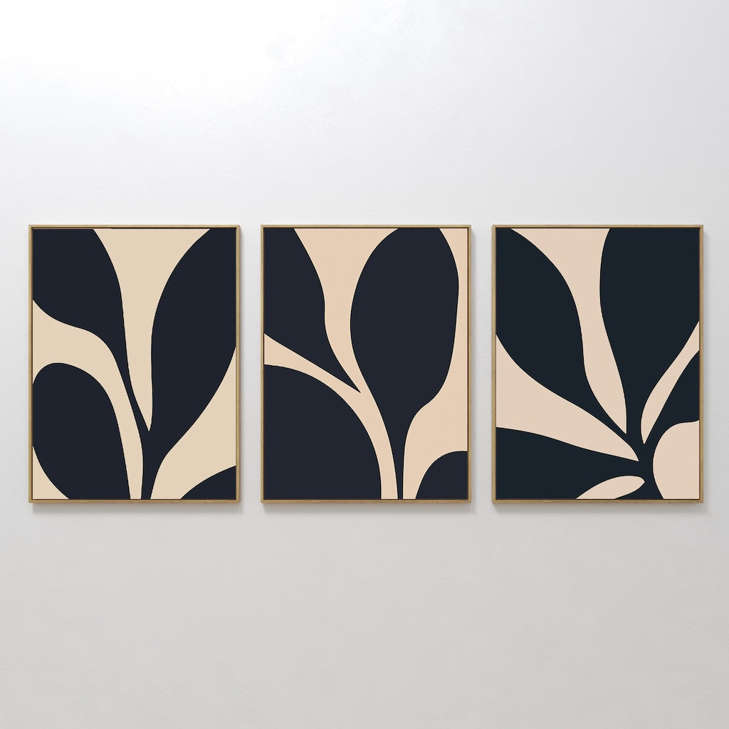 Hand painted original midnight black beige botanical silhouette oil painting triptych canvas wall art nordic scandinavian elegant luxury modern interi
