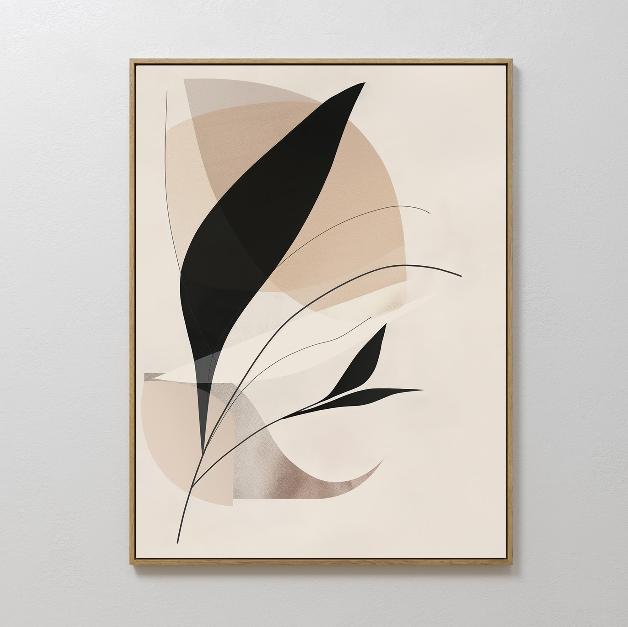 Original hand painted black beige botanical silhouette oil painting canvas wall art, nordic scandinavian elegant luxury minimalist modern living room
