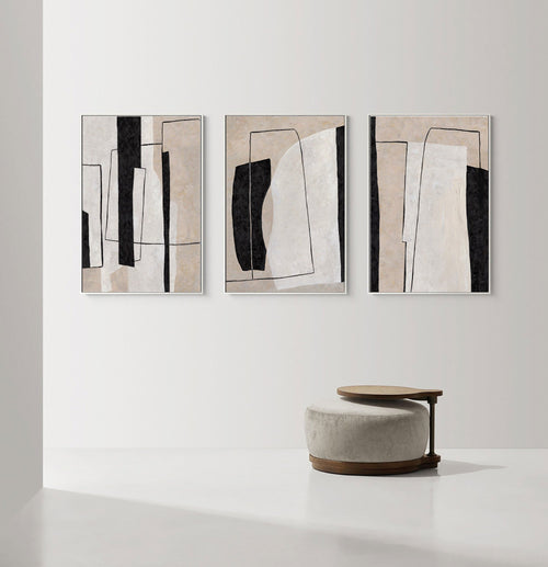 Original hand painted black beige ivory geometric abstract oil painting canvas triptych wall art, nordic scandinavian minimalist elegan