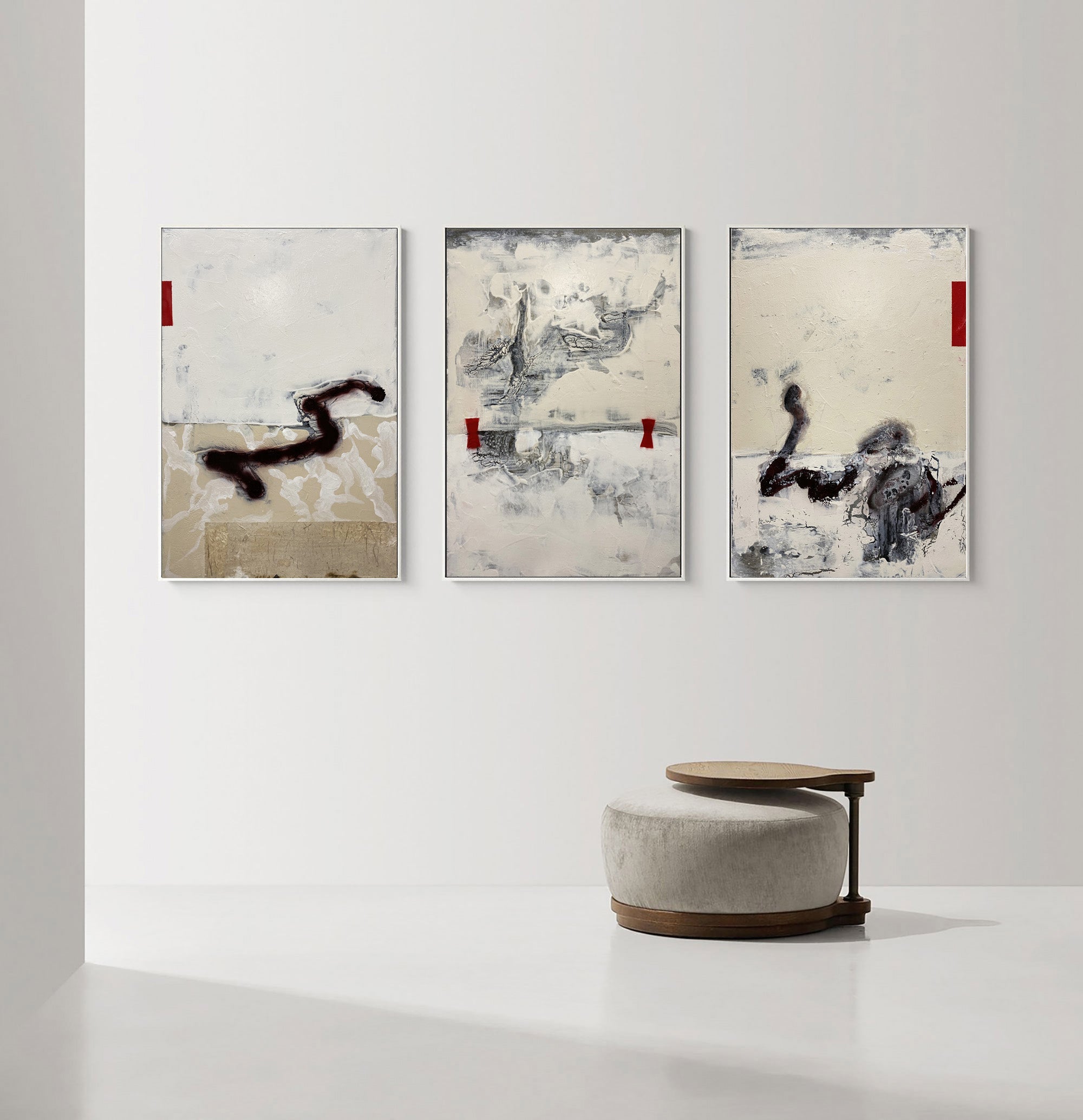 Original hand painted ivory charcoal abstract triptych oil painting canvas wall art, nordic scandinavian elegant luxury modern living r