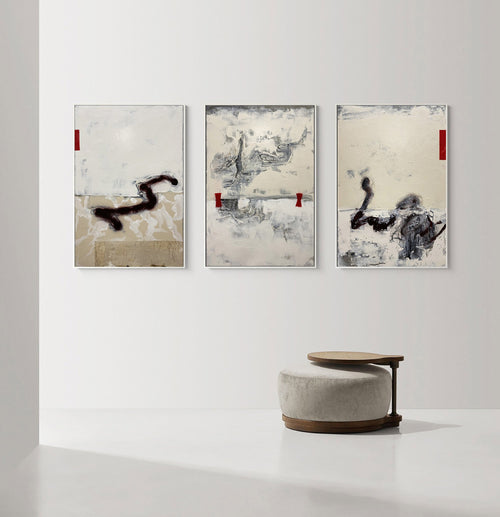 Original hand painted ivory charcoal abstract triptych oil painting canvas wall art, nordic scandinavian elegant luxury modern living r