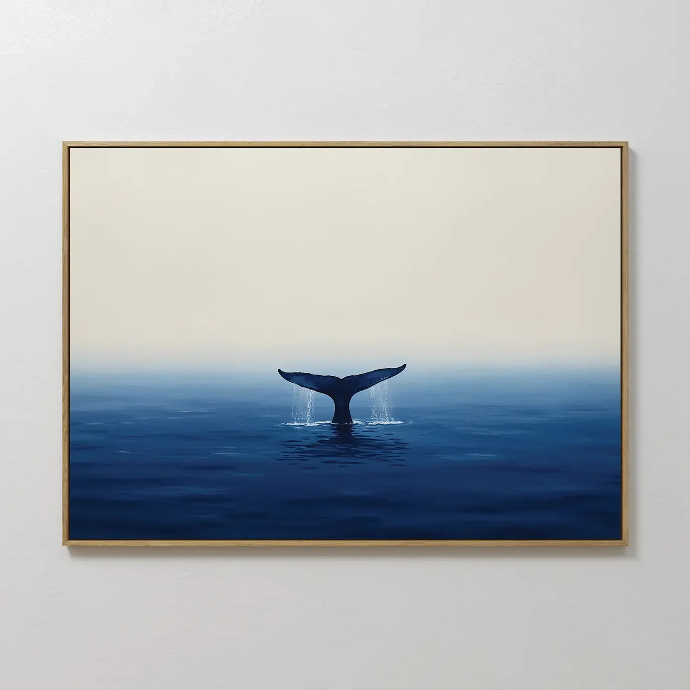 Hand painted original navy blue whale tail oil painting canvas wall art, nordic scandinavian minimalist elegant luxury coastal modern living room home