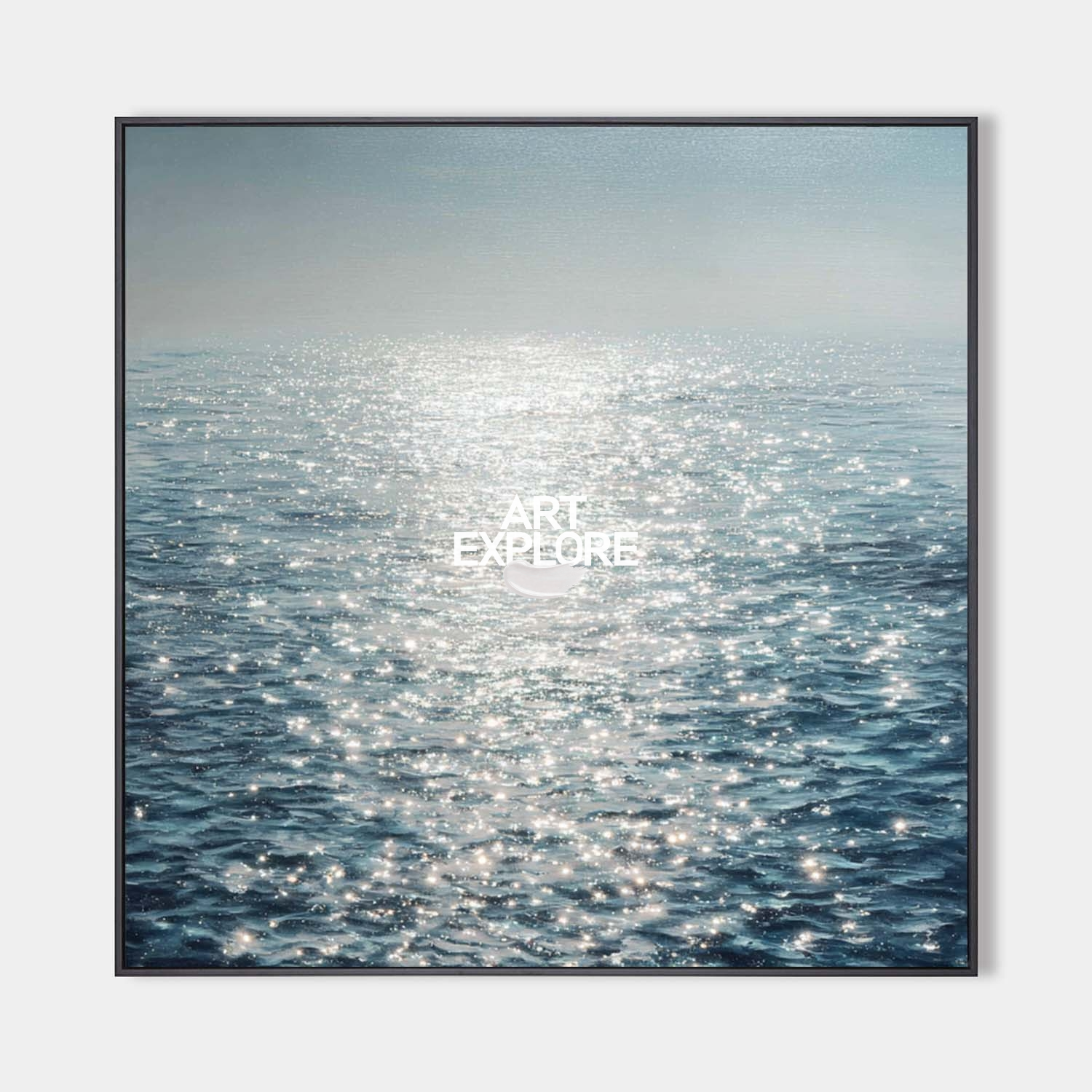 Original hand painted teal ocean oil painting canvas wall art, sparkling sunlight coastal minimalist elegant nordic scandinavian luxury