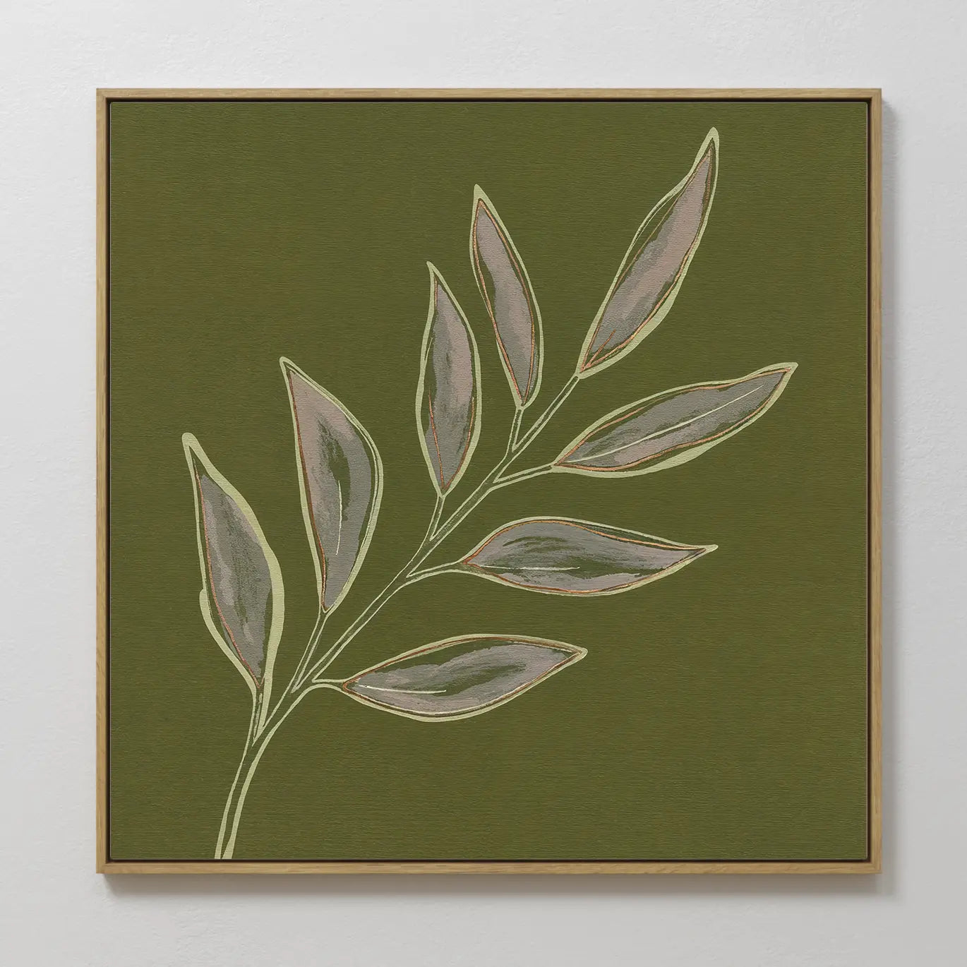 Original hand painted olive green botanical branch oil painting canvas wall art, nordic scandinavian elegant luxury minimalist modern living room home