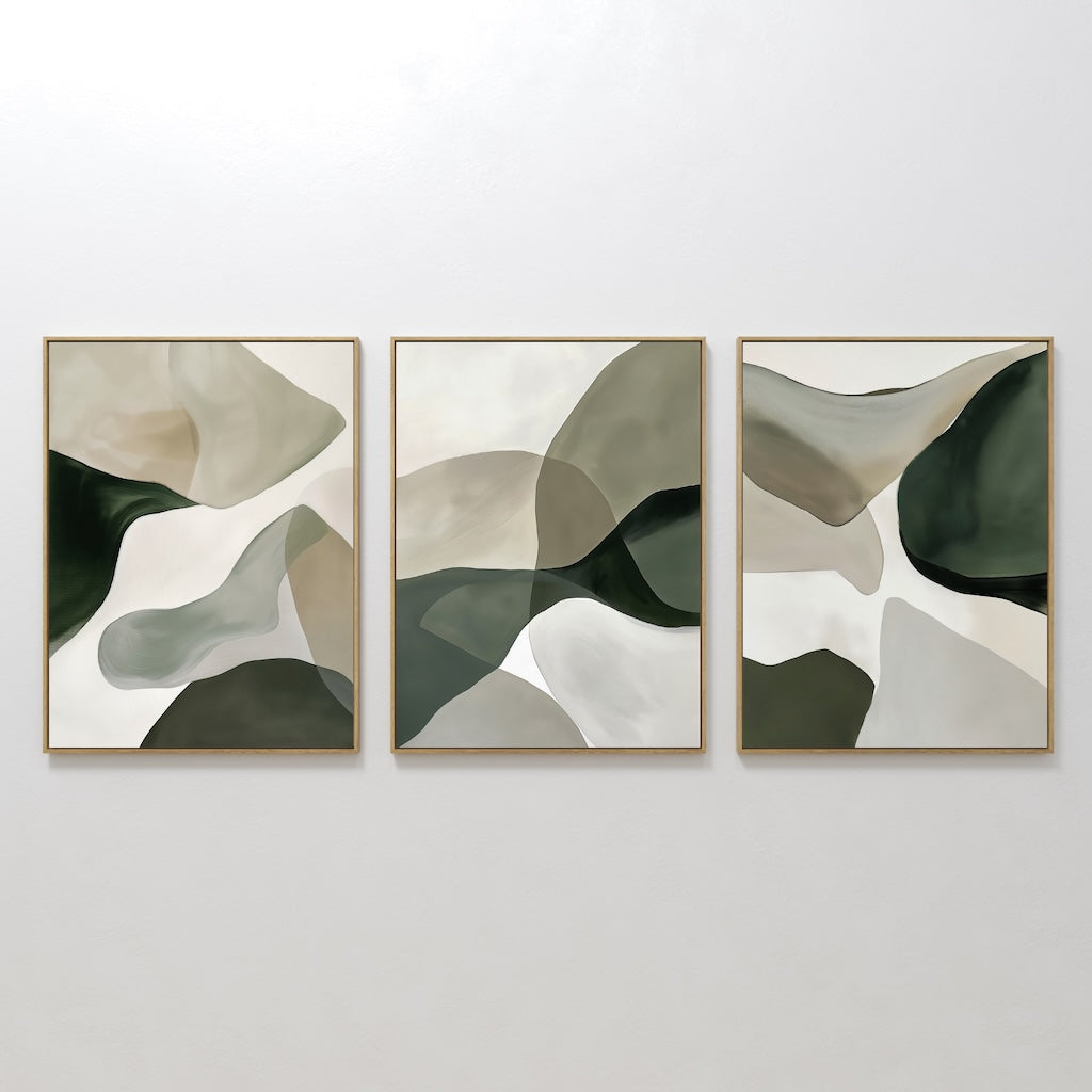 Hand painted original sage green forest abstract oil painting triptych canvas wall art, nordic scandinavian elegant luxury modern living room home dec