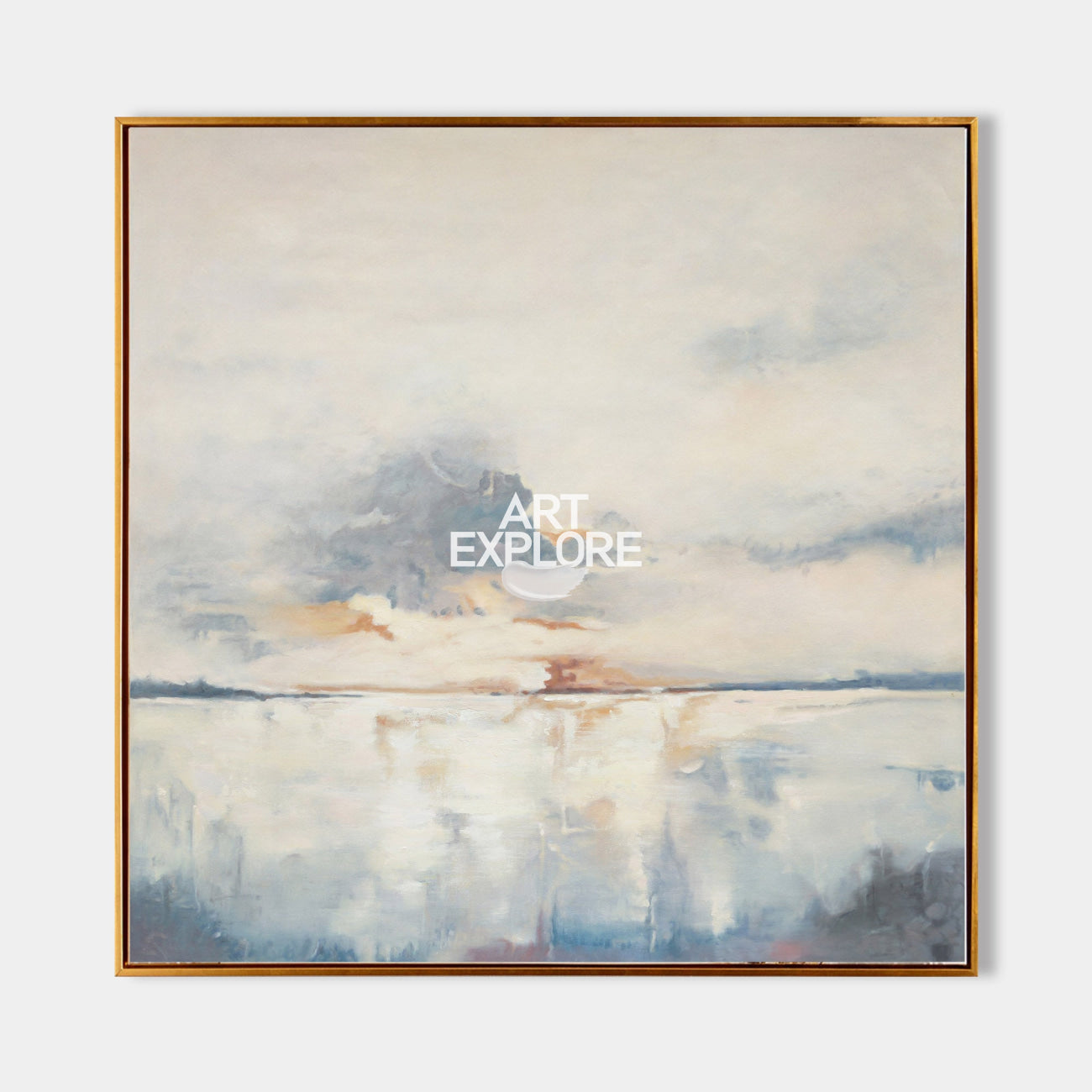 Original hand painted coastal abstract oil painting, misty ivory blue amber seascape canvas wall art, nordic scandinavian elegant luxur