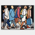 Original hand painted abstract oil painting of walking urban figures in bold cobalt blue crimson and black, elegant modern luxury canva