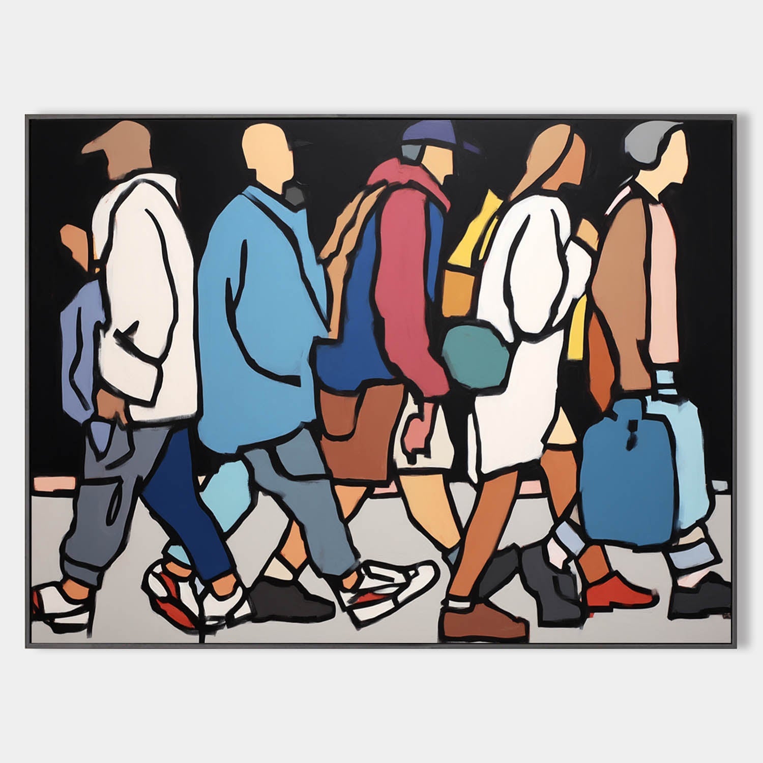 Original hand painted abstract oil painting of walking urban figures in bold cobalt blue crimson and black, elegant modern luxury canva