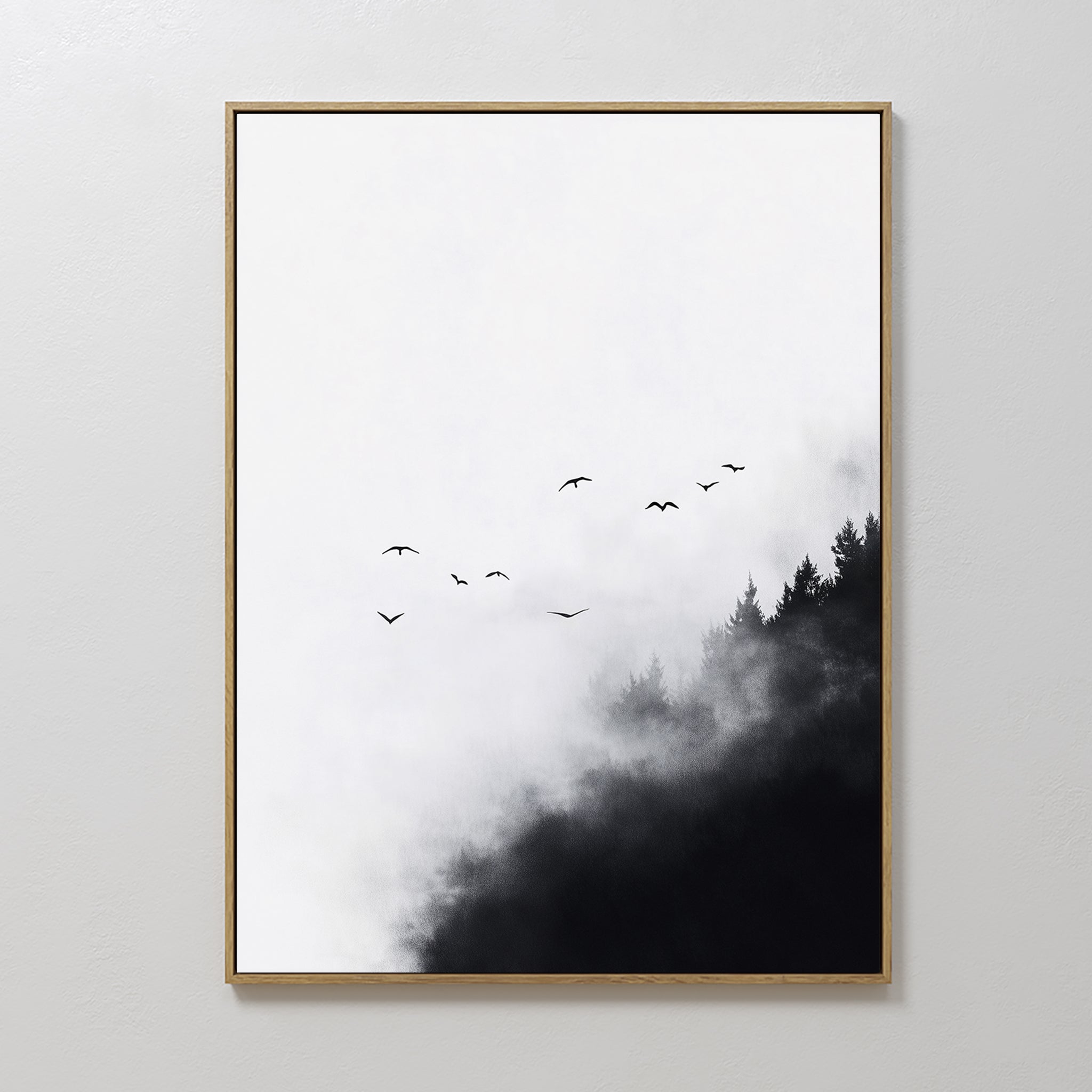 Original hand painted black white misty forest birds oil painting canvas wall art, nordic scandinavian elegant minimalist luxury modern home decor int