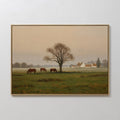 Original hand painted chestnut horses misty pastoral oil painting canvas wall art, warm beige sage green nordic scandinavian elegant luxury modern hom
