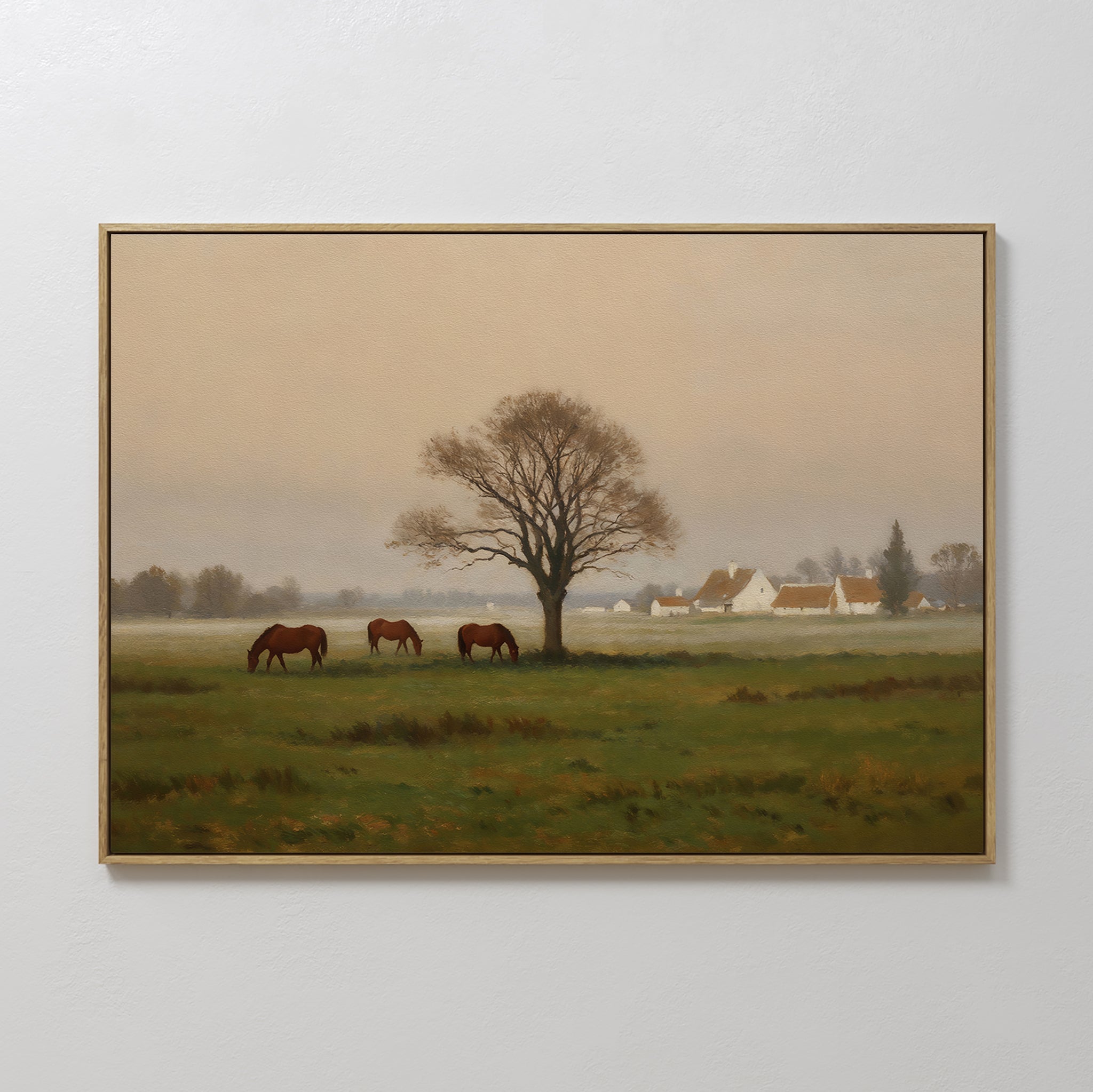 Original hand painted chestnut horses misty pastoral oil painting canvas wall art, warm beige sage green nordic scandinavian elegant luxury modern hom