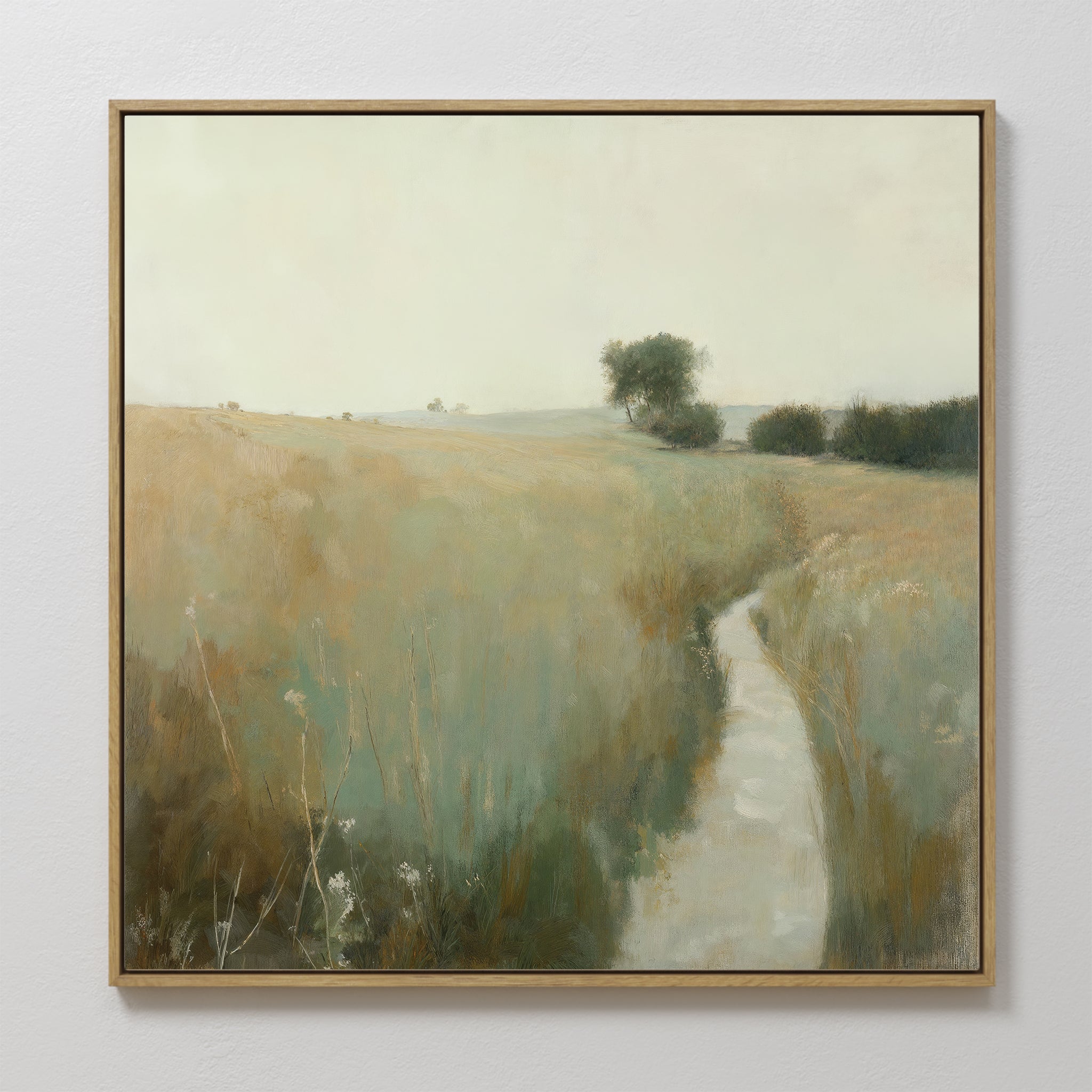 Hand painted original oil painting canvas of sage green meadow winding path golden grasses misty landscape nordic scandinavian elegant luxury modern h