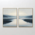 Original hand painted blue grey misty lake diptych oil painting canvas wall art, nordic scandinavian elegant luxury minimalist modern living room home