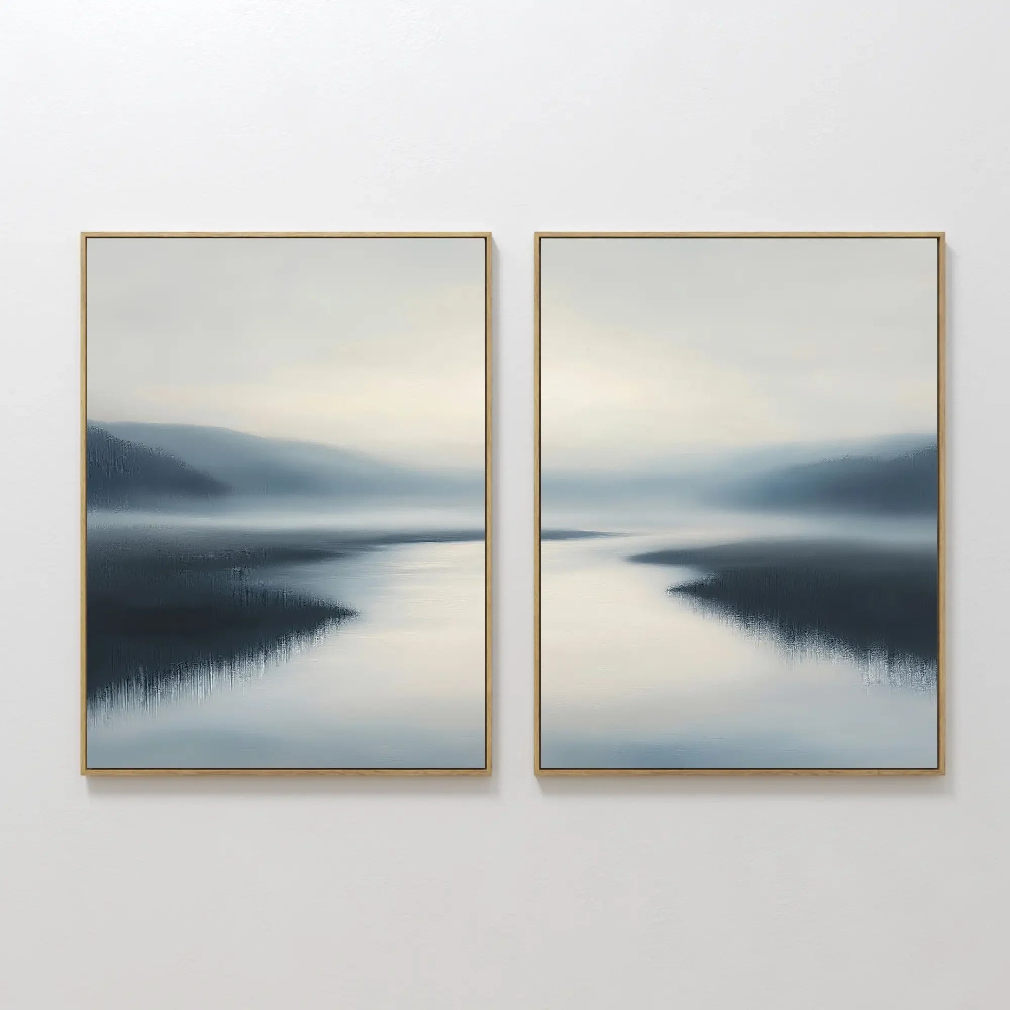 Original hand painted blue grey misty lake diptych oil painting canvas wall art, nordic scandinavian elegant luxury minimalist modern living room home