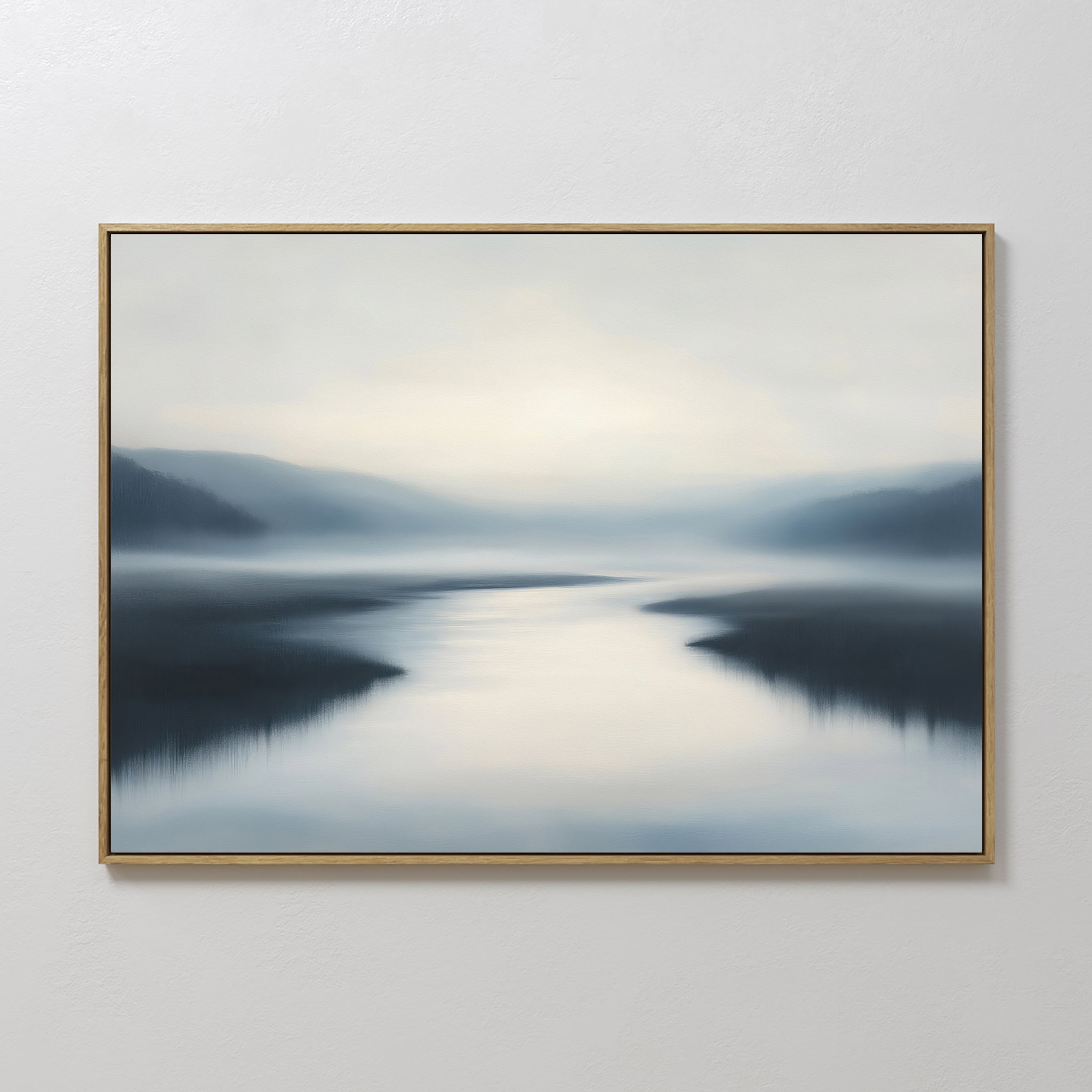 Original hand painted blue grey ivory misty lake oil painting canvas wall art, nordic scandinavian minimalist elegant luxury modern home decor interio
