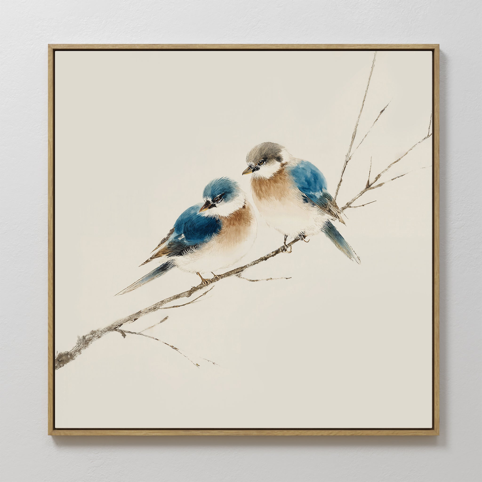 Original hand painted blue and ivory birds oil painting canvas wall art, nordic scandinavian japandi minimalist elegant luxury modern home decor inter
