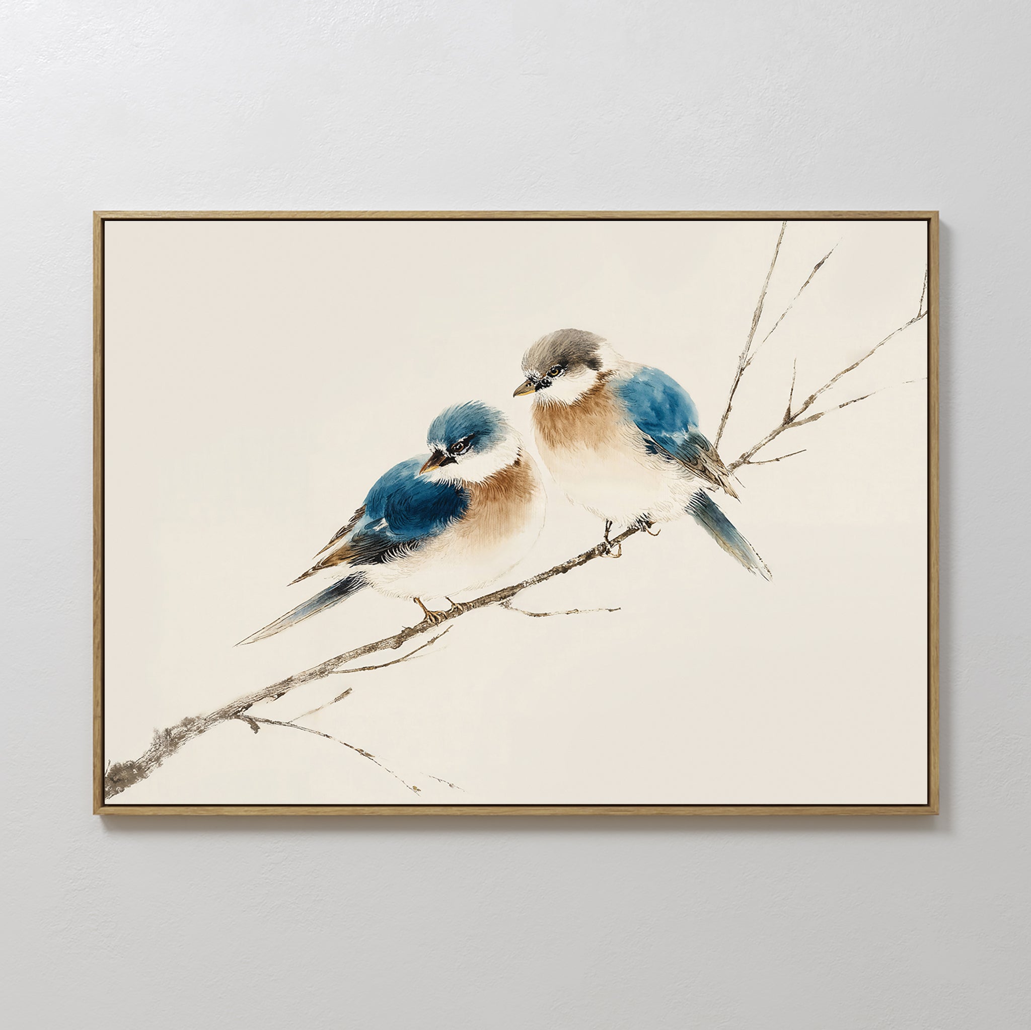 Original hand painted two blue brown white birds perched on bare branch oil painting canvas wall art nordic scandinavian elegant luxury modern home de