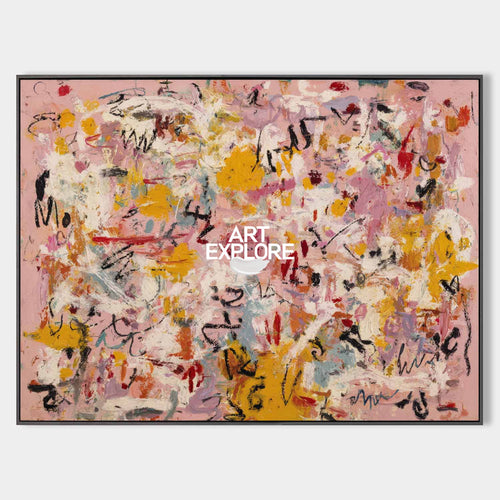 Original hand painted blush pink mustard abstract oil painting canvas wall art, bold gestural marks, elegant luxury modern scandinavian