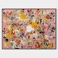 Original hand painted blush pink abstract oil painting canvas wall art, bold gestural marks yellow black luxury modern scandinavian hom
