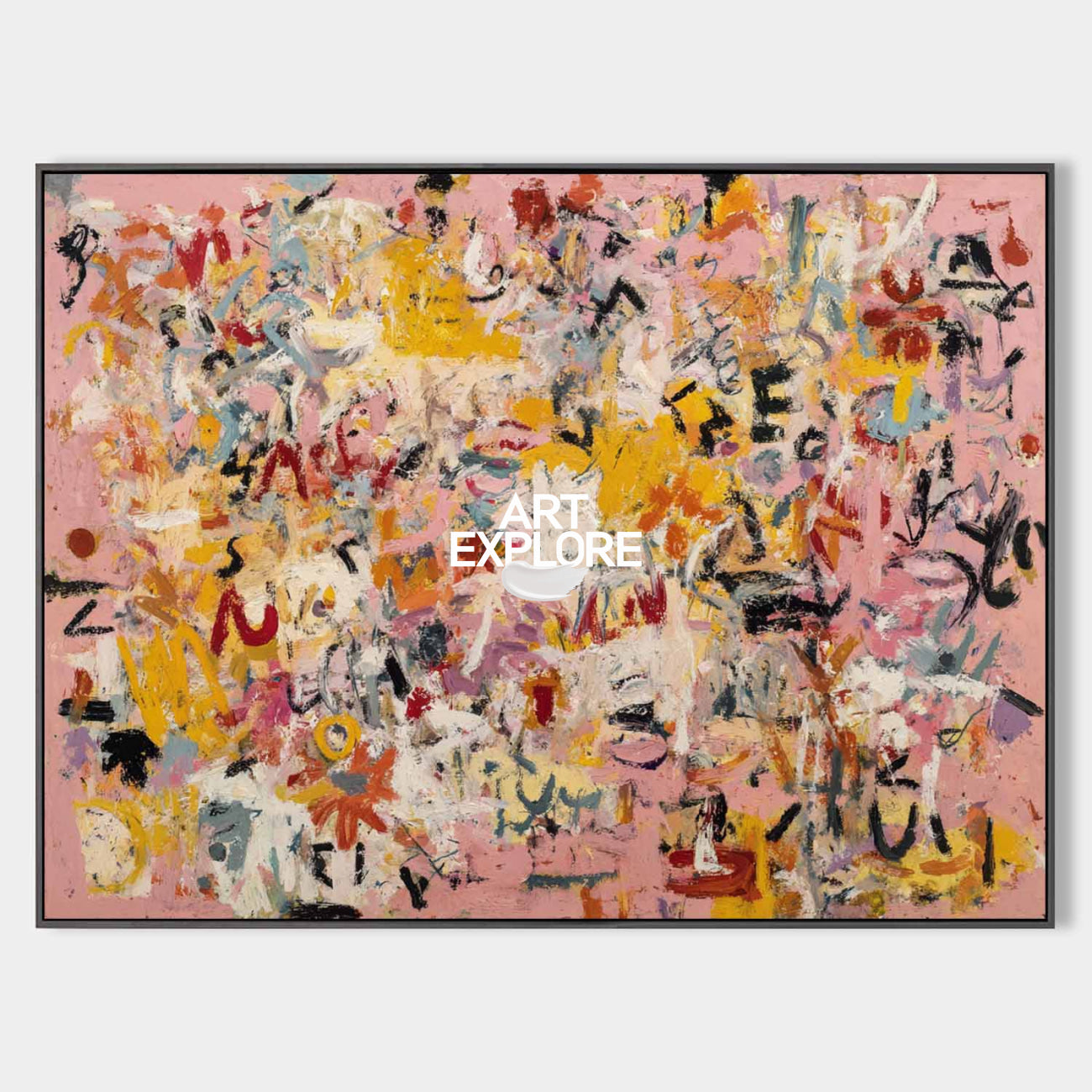 Original hand painted blush pink abstract oil painting canvas wall art, bold gestural marks yellow black luxury modern scandinavian hom