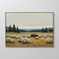 Hand painted original oil painting canvas wall art lone bison golden amber prairie sagebrush pine forest nordic elegant luxury modern home decor inter